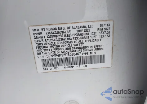 2013 Honda Pilot Touring z USA, uszkodzony, nr VIN 5FNYF4H92DB080467